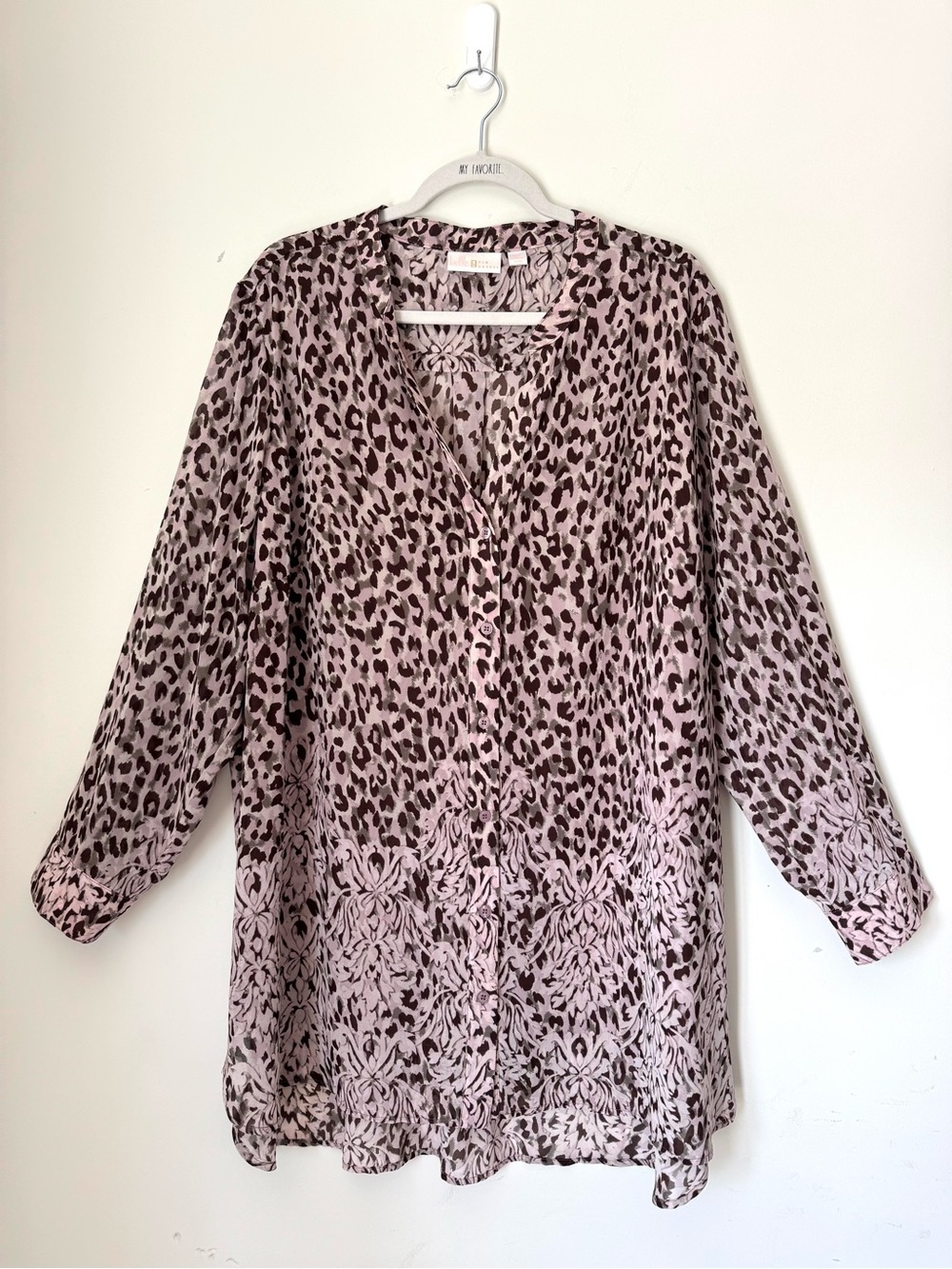Belle Kim Gravel Tunic Top 3X Pink Leopard Button Front Blouse  A374478
